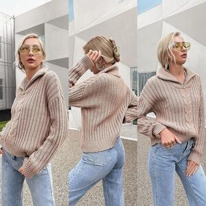 Cable Knit Zip Polo Collar Sweater